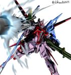  bazooka_(gundam) commentary_request energy_gun green_eyes gundam gundam_seed highres holding holding_weapon mecha mobile_suit no_humans perfect_strike_gundam robot shimashun solo strike_rouge sword weapon white_background 