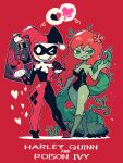  2girls :p ;p absurdres batman_(series) bodysuit character_name colored_skin cork_gun dc_comics domino_mask english_commentary full_body green_skin harley_quinn highres leotard looking_at_viewer mallet mask multiple_girls one_eye_closed poison_ivy rariatto_(ganguri) red_background red_hair skin_tight standing strapless strapless_leotard tongue tongue_out 