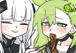  2girls asymmetrical_bangs black_choker blunt_bangs blush cevio choker chopsticks closed_eyes closed_mouth cosplay curry_udon diamond_hair_ornament feeding food_in_mouth force-feeding furrowed_brow green_eyes green_hair half-closed_eyes hand_up highres holding holding_chopsticks insect_hair_ornament kafu-chan_no_kare_udon_kyousou_kyoku_(cevio) kafu_(cevio) long_hair low_twintails matangom matangomu-chan multiple_girls original parody portrait smile tearing_up turtleneck twintails voicevox white_hair zundamon zundamon_(cosplay) 