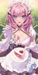 1girl :d absurdres apron black_skirt blue_eyes breasts cake cleavage commentary_request elysia_(honkai_impact) food fork gloves high-waist_skirt highres holding holding_fork holding_plate honkai_(series) honkai_impact_3rd large_breasts long_hair looking_at_viewer maid maid_headdress miukoobi open_mouth pink_hair plate pointy_ears puffy_sleeves skirt smile solo white_apron white_gloves 