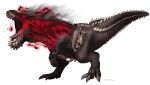  aura black_scales claws dark_aura deviljho digitigrade dinosaur extra_teeth full_body gegegekman glowing glowing_eyes monster monster_hunter_(series) open_mouth red_eyes roaring savage_deviljho scales sharp_teeth signature simple_background solo spiked_tail spikes tail teeth white_background 