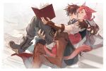  2boys adventurer_(ff14) animal_ears ankle_boots arm_around_back arm_wrap between_legs black_footwear black_pants black_scarf book book_stack boots border braid braided_ponytail brown_footwear brown_gloves brown_hair carrying carrying_person cat_boy cat_ears cat_tail elbow_gloves facial_mark falling final_fantasy final_fantasy_xiv fingerless_gloves foot_out_of_frame from_side g&#039;raha_tia gloves grey_shirt hair_ornament hand_on_another&#039;s_leg holding holding_book hyur knee_boots male_focus mid.m miqo&#039;te multiple_boys pants paper parted_lips red_eyes red_hair scarf shirt short_hair single_braid swept_bangs tail tail_wrap warrior_of_light_(ff14) white_border wind x_hair_ornament yaoi 
