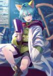  1boy animal_ears blue_eyes blue_hair book cat_ears green_shirt highres holding holding_book lab_coat leon_geeste looking_at_viewer male_focus miyama_(lacrima01) open_mouth pointy_ears red_hood shirt short_hair shorts smile solo star_ocean star_ocean_the_second_story 
