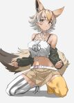  1girl american_flag animal_ear_fluff animal_ears asymmetrical_legwear bare_shoulders belt black_jacket black_thighhighs blonde_hair blush brown_skirt choker clothes_writing collarbone commentary coyote_(kemono_friends) crop_top extra_ears gradient_hair hair_between_eyes highres jacket kemono_friends kemono_friends_v_project kneeling light_brown_hair long_sleeves looking_at_viewer midriff multicolored_hair navel no_shoes open_clothes open_jacket pleated_skirt shirt short_hair sidelocks skirt solo spaghetti_strap spread_legs striped striped_thighhighs tail tanabe_(fueisei) thighhighs two-tone_thighhighs vertical-striped_thighhighs vertical_stripes virtual_youtuber white_belt white_choker white_hair white_shirt white_thighhighs wolf_ears wolf_tail yellow_eyes yellow_thighhighs zettai_ryouiki 
