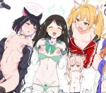  4girls ahoge airi_(blue_archive) animal_ears black_hair blonde_hair blue_archive blush breasts brown_eyes brown_hair cat_ears clearite closed_eyes collarbone colored_inner_hair extra_ears female_masturbation food-themed_hair_ornament hair_ornament halo highres ice_cream_hair_ornament jacket kazusa_(blue_archive) long_hair long_sleeves lying masturbation medium_breasts multicolored_hair multiple_girls natsu_(blue_archive) navel nipples on_back open_mouth pink_eyes pink_hair red_jacket short_hair side_ponytail small_breasts track_jacket twintails two-tone_hair yoshimi_(blue_archive) 