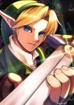  1boy absurdres bishounen blonde_hair blue_eyes close-up earrings green_tunic highres holding holding_sword holding_weapon jewelry link looking_at_viewer male_focus mi9clous nintendo pointy_ears short_hair single_earring sword teeth the_legend_of_zelda the_legend_of_zelda:_ocarina_of_time weapon 