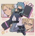  2boys :3 bag blonde_hair blue_eyes blue_hair blue_jacket blue_pants box character_name dramatical_murder earrings full_body gift gift_box glasses hand_on_own_leg hand_up highres jacket jewelry long_hair long_sleeves looking_at_viewer male_focus meremero multiple_boys multiple_views open_mouth pants seragaki_aoba shopping_bag short_hair smile spiked_hair star_(symbol) sweatdrop virus_(dramatical_murder) yellow_eyes 
