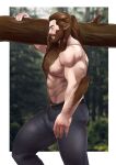  1boy abs absurdres animal_ears back_hair bara beard blush carrying_over_shoulder carrying_tree conrad_(getonjbart) denim facial_hair feet_out_of_frame fingernails from_side getonjbart hairy highres jeans large_pectorals long_hair looking_at_viewer male_focus monster_boy muscular muscular_male navel navel_hair nipples original pants pectorals profile sharp_fingernails sideways_glance solo stomach thick_arm_hair thick_beard thick_chest_hair thick_eyebrows thick_mustache thick_navel_hair thick_thighs thighs topless_male very_hairy walking werewolf wolf_ears woodcutter 