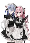  2girls alternate_costume animal_ear_fluff animal_ears apron black_dress blue_eyes brown_thighhighs cat_ears cat_girl cat_tail chihuri closed_mouth collared_shirt dress dress_shirt ende_(chihuri) enmaided frilled_apron frills grey_hair hair_between_eyes hair_intakes hand_in_another&#039;s_hair heart highres juliet_sleeves long_hair long_sleeves maid maid_headdress multiple_girls nea_(chihuri) original pink_hair puffy_sleeves purple_eyes revision shirt simple_background sleeveless sleeveless_dress smile tail thighhighs very_long_hair waist_apron white_apron white_background white_shirt white_thighhighs yuri 