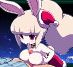  1boy 1girl animal_ears bell blonde_hair breasts breasts_squeezed_together censored colored_skin hands_on_own_breasts hat hetero high_ponytail large_breasts long_hair mosaic_censoring neck_bell nipples nollety paizuri penis rabbit_ears rabbit_girl rabbit_tail santa_hat snowrabby solo tail tongue tongue_out topless white_skin youkai_(youkai_watch) youkai_watch 