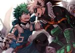  2boys alternate_eye_color aqua_bodysuit bakugou_katsuki belt belt_pouch black_mask black_pants black_whip_(boku_no_hero_academia) blonde_hair blue_gloves blurry blurry_background blurry_foreground boku_no_hero_academia bright_pupils chiyaya dutch_angle eye_mask foreshortening freckles from_side furrowed_brow gloves green_eyes green_gloves green_hair hair_between_eyes hand_on_another&#039;s_shoulder hand_on_ground hand_on_own_stomach hands_up headgear high_collar highres knee_guards knees_up leaning_forward looking_at_another male_focus midoriya_izuku multiple_boys open_hand open_mouth orange_eyes orange_gloves pants pouch profile red_belt rubble sanpaku short_hair single_horizontal_stripe snap-fit_buckle spiked_hair sweatdrop tendril two-tone_gloves upper_body utility_belt v-shaped_eyebrows white_pupils worried wrist_guards x 
