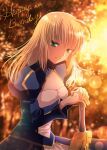  1girl ahoge artoria_pendragon_(fate) bangs blonde_hair breasts cleavage dress excalibur_(fate/stay_night) fate/stay_night fate_(series) green_eyes grin hair_between_eyes hair_down hands_on_hilt happy_birthday long_hair long_sleeves omizu_(omz) saber small_breasts smile solo straight_hair 