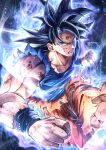  1boy absurdres aura bare_shoulders black_hair blood blood_on_arm blood_on_face blood_on_hands blue_eyes blue_tank_top clenched_hands commentary_request dragon_ball hands_up highres knee_up long_hair looking_at_viewer looking_back muscular muscular_male orange_pants pants raised_fist serious shirt solo son_goku sumutemu tank_top torn_clothes torn_pants torn_shirt torn_tank_top ultra_instinct 