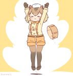  1girl animal_ears arms_up belt bow bowtie brown_hair capybara_(kemono_friends) capybara_ears capybara_girl coroha extra_ears full_body gloves jumping kemono_friends looking_at_viewer shirt shoes short_hair shorts simple_background solo suspenders tenugui thighhighs yellow_background 
