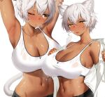  1girl absurdres animal_ear_fluff animal_ears armpits arms_up bandage_on_face bandages bare_shoulders black_shorts blush breasts cat_ears cat_girl cat_tail cleavage collarbone commentary dark-skinned_female dark_skin hair_between_eyes highres hood hoodie large_breasts linea_alba looking_at_viewer looking_to_the_side mathew_(srmmk_mce) multiple_views navel off_shoulder one_eye_closed original parted_lips scar scar_on_face scar_on_nose short_hair shorts sports_bra steaming_body stomach sweat sweaty_clothes symbol-only_commentary tail toned undressing upper_body white_background white_hair white_hoodie white_sports_bra yellow_eyes 
