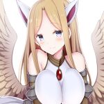  1girl animal_ears bare_shoulders breasts breasts_squeezed_together brown_wings character_request chouhakai!!_barbarossa closed_mouth feathered_wings givuchoko grey_eyes large_breasts light_brown_hair long_hair parted_bangs shirt simple_background sleeveless sleeveless_shirt smile solo upper_body white_background white_shirt wings 
