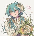  1boy androgynous blue_hair bouquet closed_mouth dramatical_murder feathers flower green_eyes hair_between_eyes hair_flower hair_ornament highres holding holding_bouquet jacket long_hair looking_at_viewer male_focus meremero petals seragaki_aoba smile solo upper_body white_background white_flower white_jacket yellow_flower 