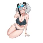  1girl :d animal_ears arknights bare_arms bare_shoulders bear_ears bikini black_bikini blue_nails blush bracelet breasts cleavage collarbone eyewear_on_head feater_(arknights) full_body grey_hair grin hair_over_one_eye highres jewelry large_breasts layered_bikini looking_at_viewer multicolored_hair nail_polish parted_lips purple-framed_eyewear red_eyes round_eyewear short_hair short_twintails sidelocks simple_background sitting smile solo streaked_hair sunglasses swimsuit teeth thigh_gap twintails two-tone_hair unknownnoname0 white_background 