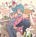  ! 2boys animal_ears birthday_cake blonde_hair blue_hair blush bound bound_wrists brown_pants cake candle candy candy_cane cherry chocolate_cake cookie dramatical_murder fire food fruit hands_up happy_birthday highres hug hug_from_behind jelly_bean lollipop long_hair long_sleeves looking_at_another looking_back male_focus meremero multiple_boys noiz_(dramatical_murder) open_mouth pants pink_shirt profile purple_shirt rabbit rabbit_ears seragaki_aoba shirt short_hair sitting sitting_on_lap sitting_on_person smile spoken_exclamation_mark strawberry surprised tongue tongue_out yaoi 