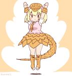  1girl animal_ears arms_up blonde_hair boots brown_background cardigan coroha extra_ears full_body giant_pangolin_(kemono_friends) hat jumping kemono_friends looking_at_viewer necktie pangolin_ears pangolin_tail shirt short_hair simple_background skirt solo tail wristband 