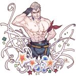  1boy abs artist_request bandana_around_arm bara birthday bryan_fury check_artist cropped_legs denim jeans large_pectorals male_focus mature_male muscular muscular_male navel nipples pants pectorals scar short_hair sideburns smile smirk solo star_(symbol) tekken topless_male v-taper white_hair wrinkled_skin yi_lee 