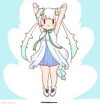  1girl arms_up blue_background bow bowtie coroha dress fins fish_girl fish_tail full_body green_hair hair_ornament jumping kemono_friends long_hair looking_at_viewer multicolored_hair shoes simple_background skirt skyfish_(kemono_friends) sleeveless solo tail twintails two-tone_hair white_hair 