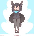  1girl arms_up black_gloves black_hair black_pants black_sweater blue_background bow bowtie cape coroha full_body gloves hair_ornament jumping kemono_friends looking_at_viewer pants shoes short_hair simple_background solo superb_bird-of-paradise_(kemono_friends) sweater 