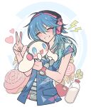  1boy absurdres apple blue_hair blue_jacket blush bottle candy cinnamon_roll cinnamoroll closed_eyes clover cropped_torso crossover dramatical_murder facing_viewer food four-leaf_clover fruit hair_between_eyes hand_up headphones heart highres holding holding_stuffed_toy jacket lollipop long_hair male_focus meremero milk_bottle open_mouth red_apple sanrio seragaki_aoba smile stuffed_toy swirl_lollipop upper_body v watch wristwatch 
