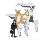  1boy arceus bag black_bag black_eyes black_footwear black_hair black_pants black_suit blue_necktie closed_mouth collar colored_sclera colored_skin english_commentary full_body green_sclera highres holding holding_bag larry_(pokemon) leunkon necktie pants pokemon pokemon_(creature) pokemon_sv red_collar red_eyes shoes short_hair simple_background suit tail thick_eyebrows walking white_background white_skin 