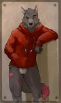 anthro balls_outline blue_eyes bulge canid canine canis clothed clothing erection erection_under_clothing genital_outline hi_res hoodie looking_at_viewer male mammal pockyrumz solo topwear underwear wolf