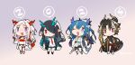  1boy 3girls ;d alcohol arknights arm_tattoo arm_wrap bandeau bead_bracelet beads black_jacket black_skin blue_eyes blue_hair blush boots bottle bracelet brother_and_sister brown_hair chibi china_dress chinese_clothes chong_yue_(arknights) colored_skin cup dragon_boy dragon_girl dragon_horns dragon_tail dress dusk_(arknights) earrings fang flame-tipped_tail green_skin grey_background hair_over_one_eye holding holding_cup holding_gourd horns jacket jewelry kyo_zip leg_tattoo ling_(arknights) multiple_girls necktie nian_(arknights) off-shoulder_jacket off_shoulder one_eye_closed one_eye_covered open_clothes open_jacket open_mouth pointy_ears ponytail purple_eyes red_bandeau red_eyes red_necktie red_skin shirt shorts siblings simple_background sisters skin_fang smile tail tassel tassel_earrings tattoo white_dress white_footwear white_hair white_jacket white_shirt white_shorts yellow_necktie 