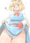  1girl ? alice_margatroid arnest blonde_hair blue_dress blue_eyes blush breasts clothes_lift dress hairband highres lolita_hairband open_mouth short_hair skirt skirt_lift solo sweat sweatdrop touhou translation_request white_background 