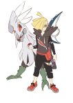  1boy blonde_hair claws fanny_pack full_body gladion_(pokemon) green_eyes hair_over_one_eye highres holding holding_poke_ball hood hoodie male_focus oe_(vaew4523) poke_ball poke_ball_(basic) pokemon pokemon_(creature) pokemon_sm silvally simple_background torn_clothes white_background yamifuti 