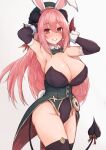  1girl animal_ears armpits arms_up black_gloves black_leotard blush bow bowtie breasts cleavage clenched_teeth coattails collarbone commentary covered_navel cross cross_earrings demon_girl demon_horns demon_tail detached_collar dot_nose earrings elbow_gloves fake_animal_ears fake_tail gloves gold_trim green_bow green_bowtie hair_between_eyes hat highleg highleg_leotard highres horns huge_breasts jewelry leotard long_hair looking_at_viewer open_mouth original pink_eyes pink_hair playboy_bunny rabbit_tail shiny shiny_hair simple_background solo stopwatch strapless strapless_leotard tail teeth toria_(triazolamb) white_background wrist_cuffs 