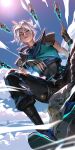  1girl blue_eyes dutch_angle fingerless_gloves floating floating_object floating_weapon gloves grey_hair highres jett_(valorant) kunai liang_xing lips looking_at_viewer short_hair signature sitting sleeveless sleeveless_jacket solo valorant weapon web_address 