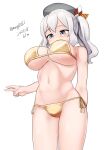  1girl absurdres bikini blue_eyes breasts dated gold_bikini grey_eyes grey_hair highres kantai_collection kashima_(kancolle) large_breasts long_hair maru_(marg0613) one-hour_drawing_challenge side-tie_bikini_bottom simple_background solo standing swimsuit twintails twitter_username wavy_hair white_background 