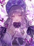  1girl absurdres animal_print bonnet bow butterfly_print drill_hair gloves grey_hair hair_bow hair_flaps highres hololive hololive_english japanese_clothes jewel_under_eye kimono koseki_bijou koseki_bijou_(new_year) lace-trimmed_gloves lace_trim long_hair looking_at_viewer official_alternate_costume open_mouth purple_bow purple_eyes purple_hair purple_headwear purple_kimono shibuya_(kurokamishain) smile solo twin_drills virtual_youtuber 