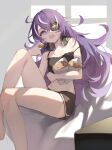  1girl bare_arms bare_legs bare_shoulders black_shorts breasts chevreuse_(genshin_impact) eating eyepatch food genshin_impact hat highres holding holding_food long_hair lumo_1121 mole mole_under_mouth multicolored_hair navel open_mouth petite purple_eyes purple_hair short_shorts shorts small_breasts streaked_hair tank_top teeth thighs upper_teeth_only very_long_hair white_hair 