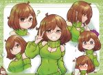  1girl ? arm_up bare_shoulders blush bob_cut border breasts brown_hair buttons detached_sleeves donkey_kong glasses green_sweater hand_up heart long_sleeves nikki_(swapnote) nintendo parted_bangs pout puff_of_air red-framed_eyewear smile swapnote sweat sweatdrop sweater turtleneck turtleneck_sweater v viewfinder vortexexe3 