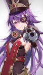  1girl aiming aiming_at_viewer bare_shoulders chevreuse_(genshin_impact) detached_sleeves dress earmuffs earmuffs_around_neck eyepatch genshin_impact gun handgun hat highres hinagikumonnme holding holding_gun holding_weapon long_hair multicolored_hair purple_eyes purple_hair red_dress shako_cap streaked_hair two-tone_hair very_long_hair weapon white_hair 