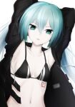 1girl absurdres armpits arms_behind_head arms_up bangs bikini black_bikini black_coat black_rock_shooter black_rock_shooter_(character) black_rock_shooter_(character)_(cosplay) blue_hair breasts cleavage coat collarbone cosplay green_eyes hair_between_eyes hatsune_miku highres kkethics long_hair looking_at_viewer navel number_tattoo open_clothes open_coat open_mouth shiny shiny_hair small_breasts solo swimsuit tattoo twintails upper_body vocaloid white_background 