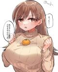  1girl breasts brown_eyes brown_hair commentary_request food fruit highres kantai_collection large_breasts long_hair looking_at_viewer mandarin_orange matsunaga_(haku) ooi_(kancolle) oppai_mochi ribbed_sweater simple_background solo sweater translation_request twitter_username upper_body white_background white_sweater 