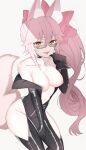  1girl absurdres animal_ear_fluff animal_ears black_bodysuit blush bodysuit bow breasts center_opening choker collarbone fate/grand_order fate_(series) fox_ears fox_girl fox_tail glasses hair_between_eyes hair_bow highres hip_vent koyanskaya_(assassin)_(first_ascension)_(fate) koyanskaya_(fate) large_breasts long_hair looking_at_viewer mati5572 nipples off_shoulder open_mouth pink_bow pink_hair ponytail sidelocks smile tail tamamo_(fate) thighs tongue tongue_out yellow_eyes 