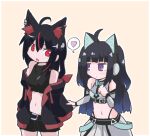  2girls ahoge animal_ear_fluff animal_ears aqua_bow aqua_bowtie bangs bare_shoulders belt belt_buckle black_hair black_jacket blunt_bangs blush bow bowtie braid breasts buckle cat_ear_headphones clothes_grab crop_top detached_sleeves earrings fox_ears framed fuyuiro_(natsuiro_matsuri) gradient_hair hand_on_own_chest headphones heart heart-shaped_pupils highleg highleg_panties hime_cut hololive jacket jewelry kurokami_fubuki long_hair long_sleeves midriff multicolored_hair multiple_girls navel off_shoulder open_clothes open_mouth panties purple_eyes red_eyes red_hair sasasa_suns side_braid simple_background skirt sleeve_grab small_breasts spoken_heart streaked_hair symbol-shaped_pupils triangle two-tone_hair two_side_up underwear unzipped virtual_youtuber yellow_background 