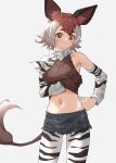  1girl bare_shoulders blush bow bowtie brown_eyes brown_hair brown_shirt commentary cowboy_shot crop_top denim denim_shorts detached_sleeves extra_ears hair_between_eyes highres kemono_friends looking_at_viewer midriff navel okapi_(kemono_friends) okapi_ears okapi_print okapi_tail pantyhose print_pantyhose print_sleeves shirt short_hair short_shorts shorts sidelocks solo tanabe_(fueisei) white_bow white_bowtie white_hair 