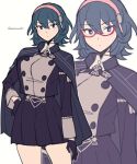  1girl black_cape black_gloves black_skirt blue_eyes buttons byleth_(female)_(fire_emblem) byleth_(fire_emblem) cape closed_mouth commentary_request do_m_kaeru expressionless fire_emblem fire_emblem:_three_houses garreg_mach_monastery_uniform glasses gloves hair_between_eyes hairband hand_on_own_hip long_hair long_sleeves official_alternate_costume pink_hairband pleated_skirt red-framed_eyewear simple_background skirt solo twitter_username white_background 