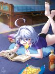  1girl absurdres bare_legs barefoot black_panties blue_eyes blue_shirt book bottle chips_(food) cowlick cushion dasoin dated drop-shaped_pupils eating english_commentary food furina_(genshin_impact) genshin_impact grey_hair hair_between_eyes heterochromia highres holding holding_food indoors lying on_floor on_stomach open_book panties potato_chips reading shirt short_sleeves signature soles solo toes underwear 