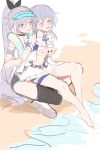  2girls absurdres bare_shoulders barefoot bikini black_ribbon blue_eyes blue_hair blue_headwear blush doodles fu_hua fu_hua_(herrscher_of_sentience) fu_hua_(ooh!_summer!)_(herrscher_of_sentience) fu_hua_(seagull&#039;s_soar) fu_hua_(shadow_knight) grabbing grabbing_another&#039;s_breast grey_hair hair_between_eyes hand_on_another&#039;s_chest high_ponytail highres honkai_(series) honkai_impact_3rd long_hair looking_at_another low-tied_long_hair low_ponytail multicolored_hair multiple_girls navel nipples official_alternate_costume on_head one_eye_closed open_mouth ponytail red_eyes ribbon sleeveless stomach streaked_hair swimsuit thighs white_bikini white_hair white_swimsuit yuri yuyuyu_starrail 