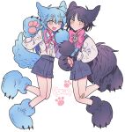  2boys :d absurdres animal_ears animal_hands black_hair blue_hair blue_shorts blush bow dog_boy dog_ears dog_tail dramatical_murder full_body gloves hair_between_eyes hands_up highres kemonomimi_mode long_hair long_sleeves looking_at_viewer male_focus meremero multiple_boys open_mouth paw_gloves paw_shoes personification pink_bow pink_ribbon ren_(dramatical_murder) ribbon seragaki_aoba shirt short_hair shorts simple_background smile standing standing_on_one_leg symmetrical_pose tail white_background white_shirt yellow_eyes 