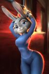 2021 anthro arms_tied blue_clothing bound breasts clothed clothing cuff_(restraint) detailed_background digital_media_(artwork) disney eyebrows eyelashes female fully_clothed fur grey_body grey_fur hi_res judy_hopps just_another_one lagomorph leporid long_ears looking_at_viewer mammal narrowed_eyes pink_nose purple_eyes rabbit raised_arm restraints smile smiling_at_viewer solo standing tight_clothing zootopia